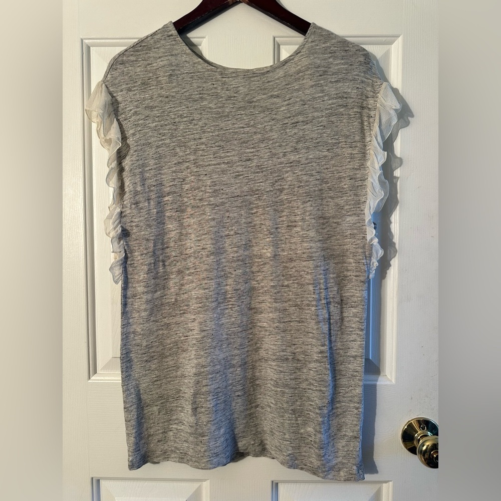 SUNDANCE Size SM Heathered Gray 100% Linen Flutter Sleeve Long Tank Lagenlook